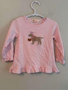 Baby Luigi Pink Puppy Appliqué Ruffle Hem Long-Sleeve Top